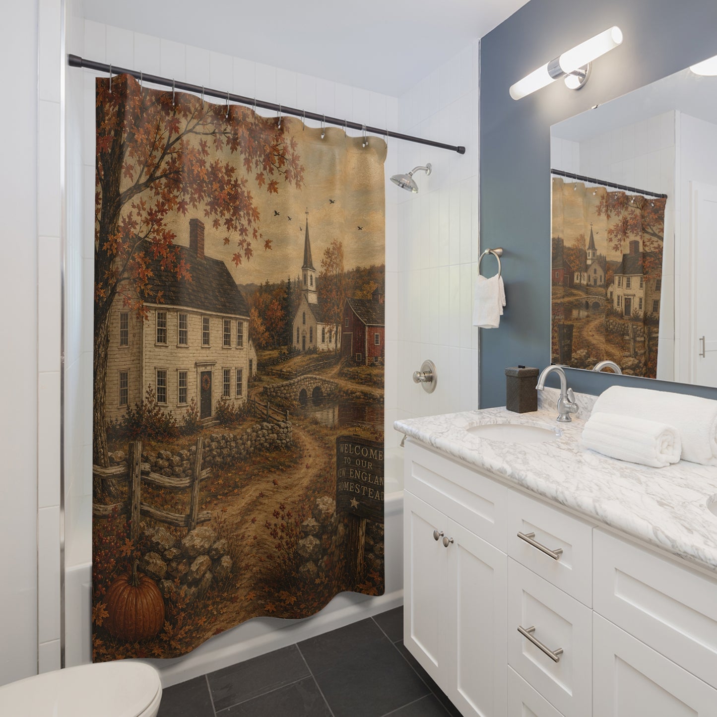 Autumn Village Shower Curtain — Cozy Fall Country Church Bathroom Decor