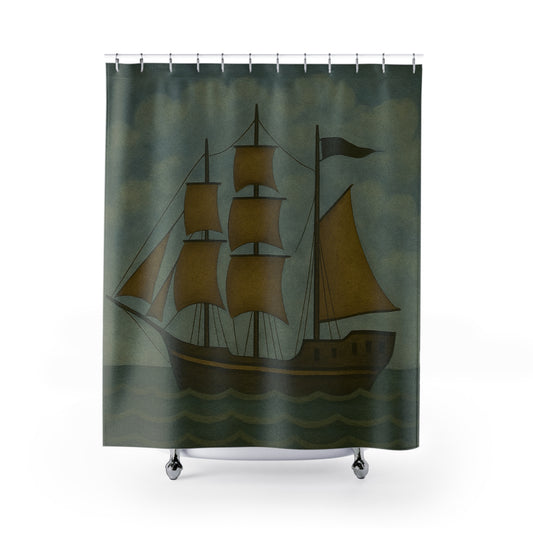 Nautical Ship Shower Curtain, Ocean Decor, Bathroom Accessory, Maritime Theme, Sailor Gift, Elastic Hooks Included