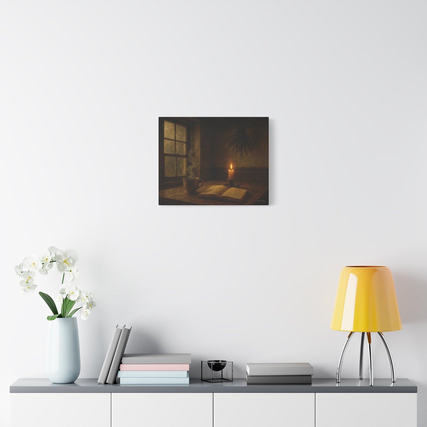 Cozy Candlelit Canvas Art, Wall Decor, Rustic Home Decor, Coffee Lovers Gift, Relaxing Room Artwork, Gift for Book Lovers