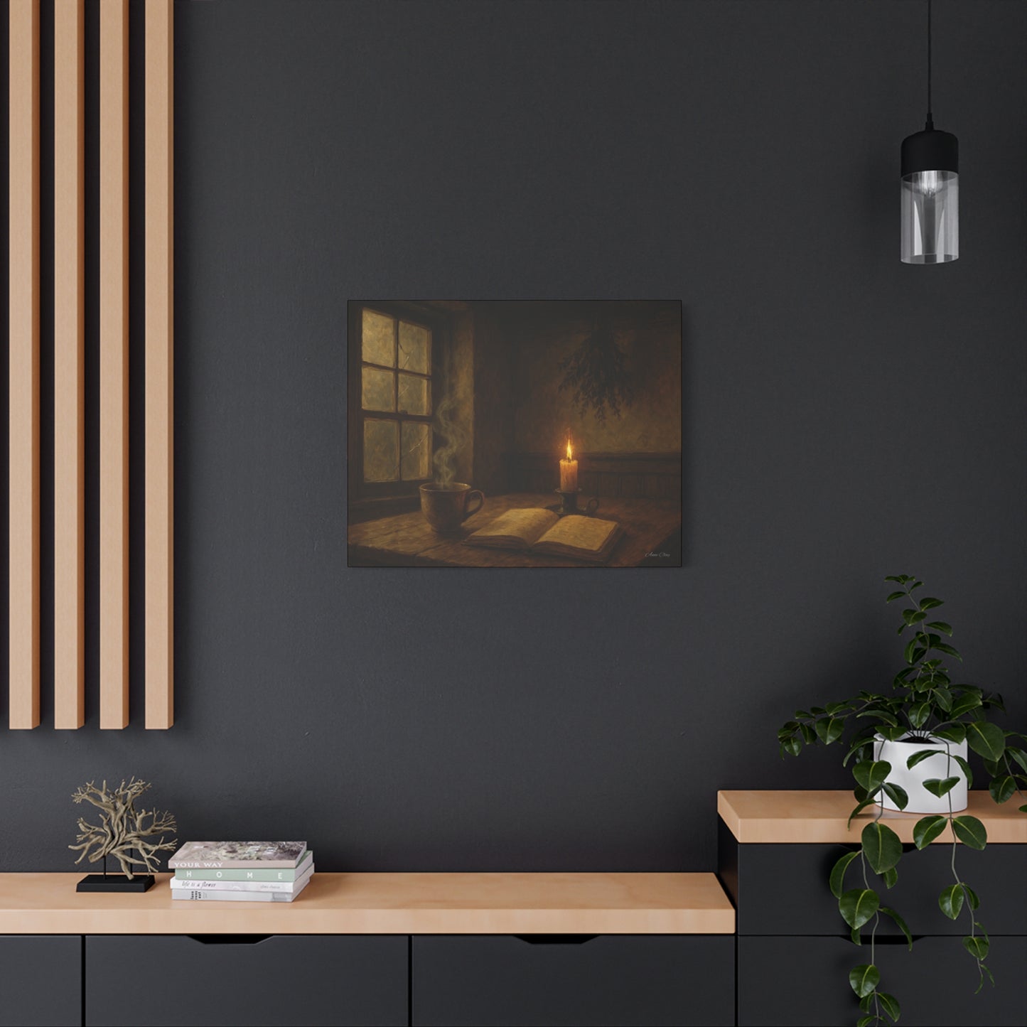 Cozy Candlelit Canvas Art, Wall Decor, Rustic Home Decor, Coffee Lovers Gift, Relaxing Room Artwork, Gift for Book Lovers