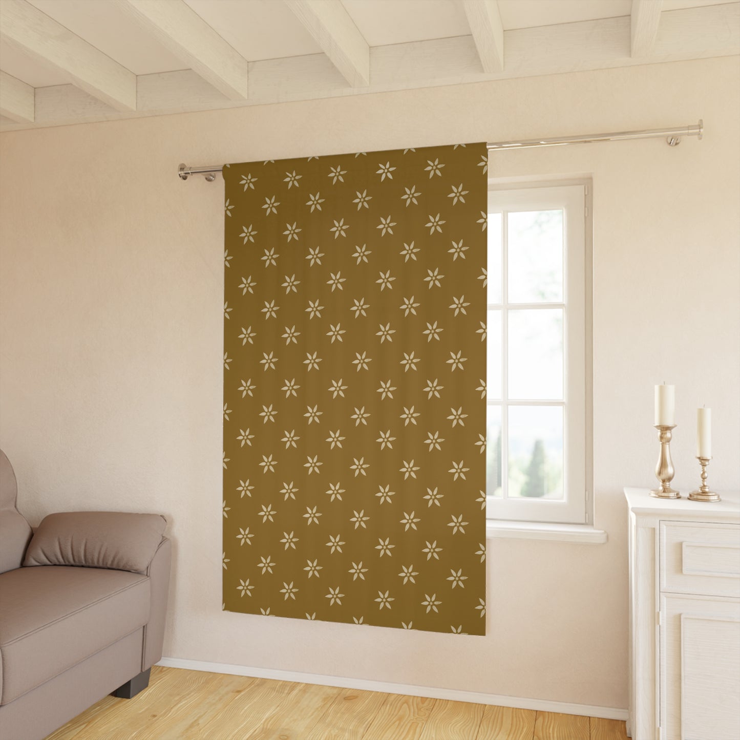 Cream Floral Stencil on Deeper Gold Window Curtains (1 Piece)
