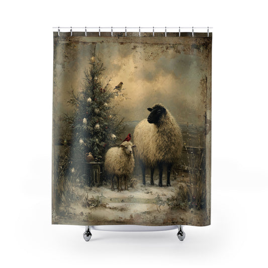 Rustic Farmhouse Shower Curtain, Cozy Home Decor, Sheep and Tree Design, Bathroom Makeover, Gift for Animal Lovers, Vintage Style