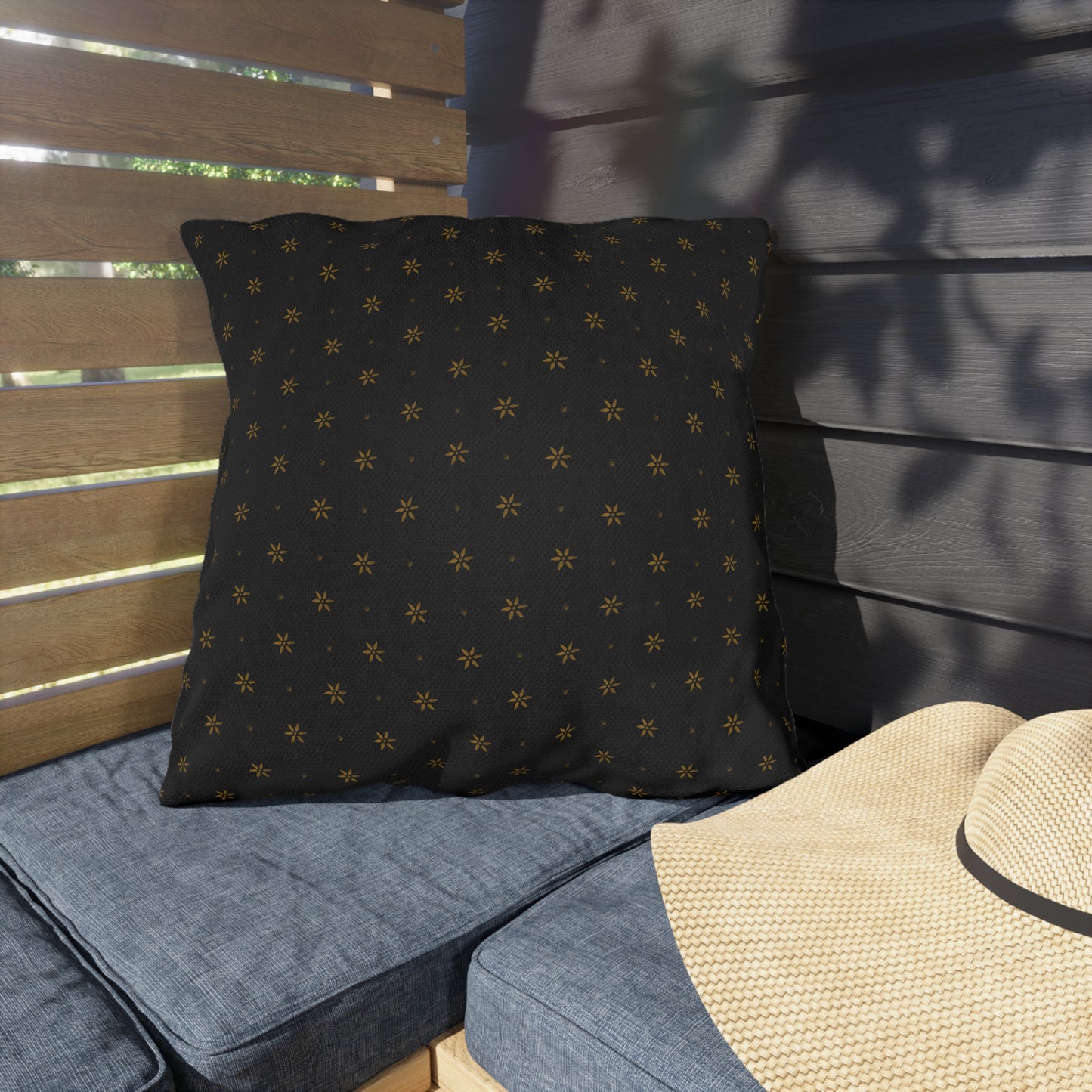 Mustard Petals on Black Outdoor Pillows