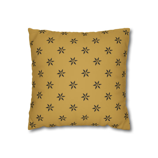 Black 6 Pointed Petal Stencil on Gold Faux Suede Square Pillowcase