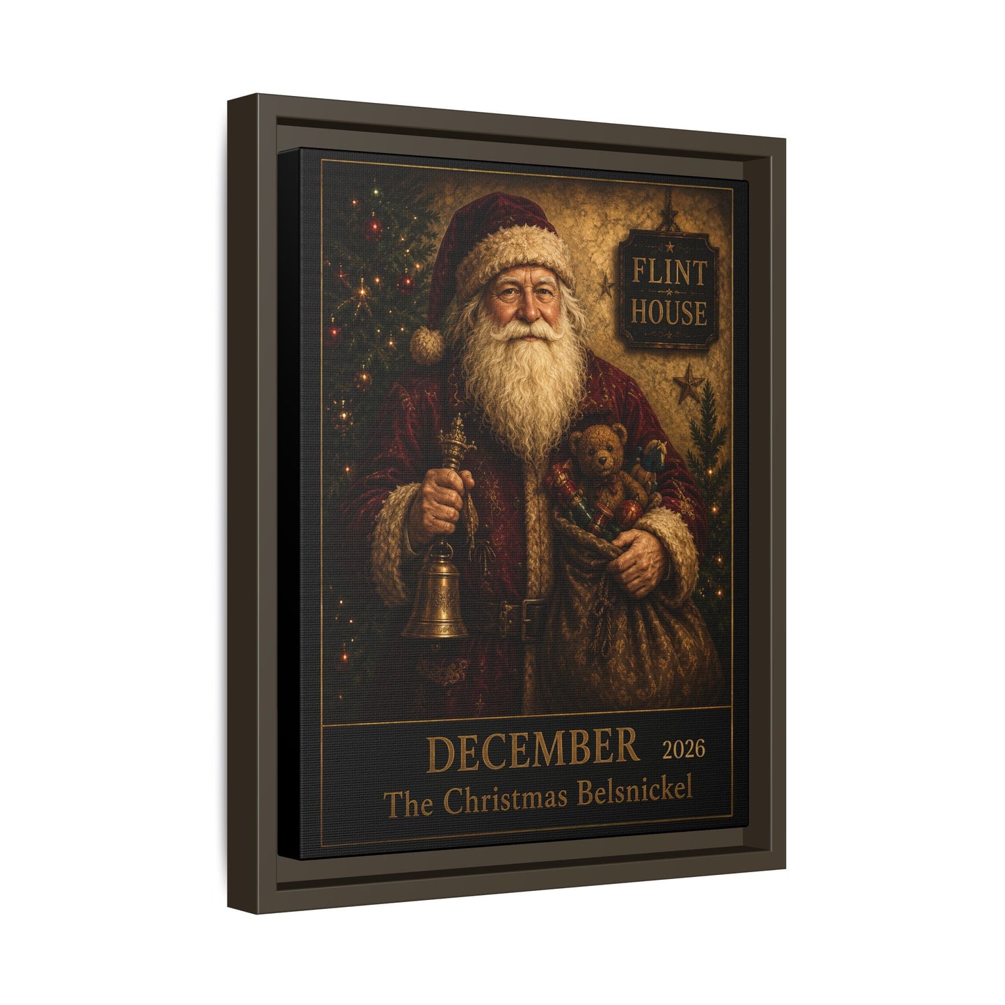 Framed Vintage Santa Canvas – “December The Christmas Belsnickel” Holiday Wall Art FLINT HOUSE COLLECTIONS