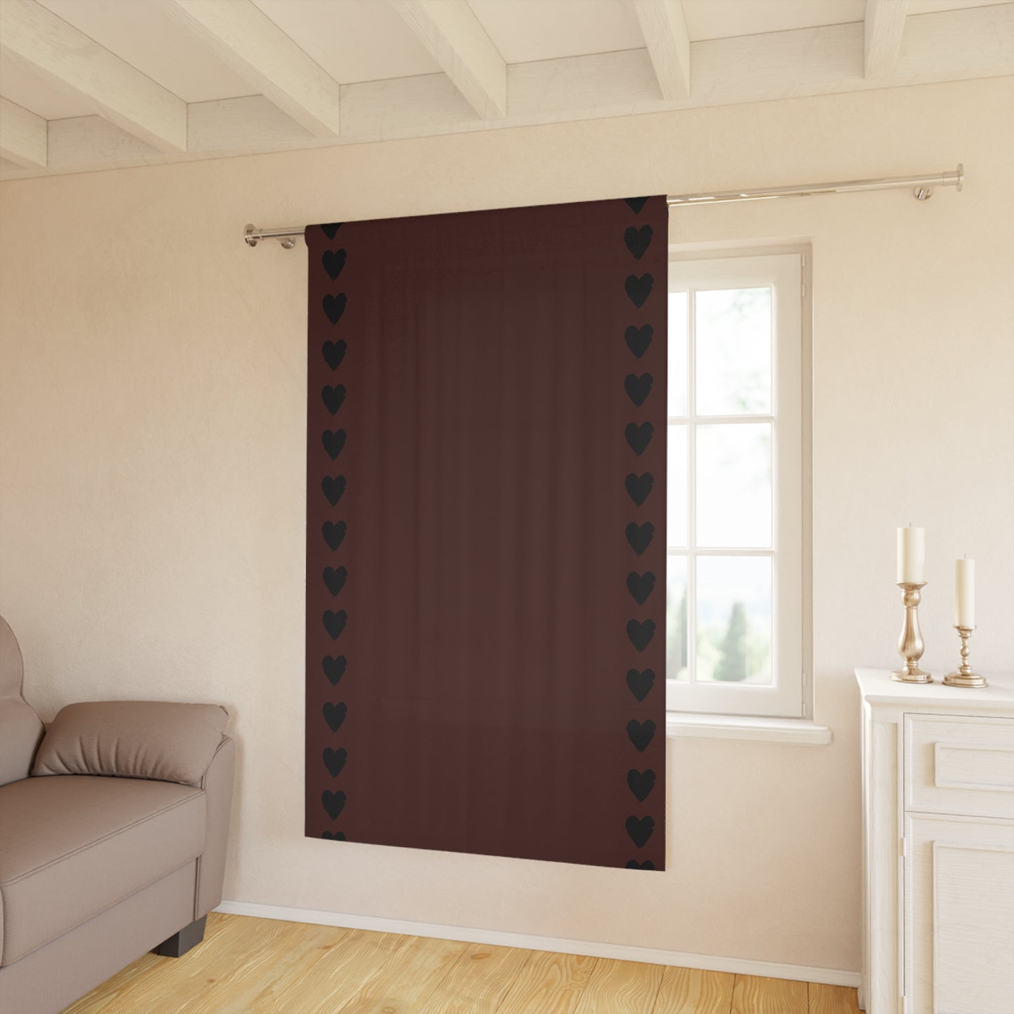 Black Stencil Heart on Country Red Window Curtains (1 Piece)