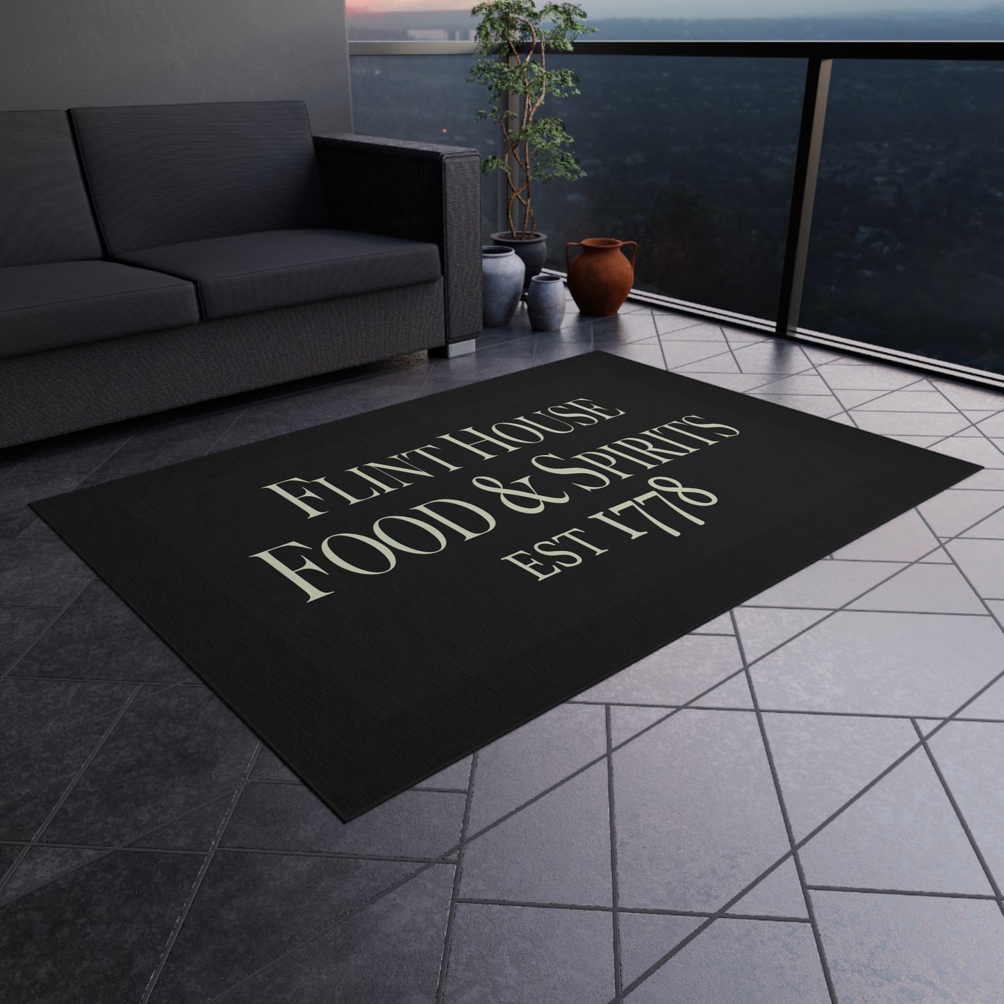 Elegant Outdoor Rug for Patios and Porches - 'Flint House Food & Spirits' Design