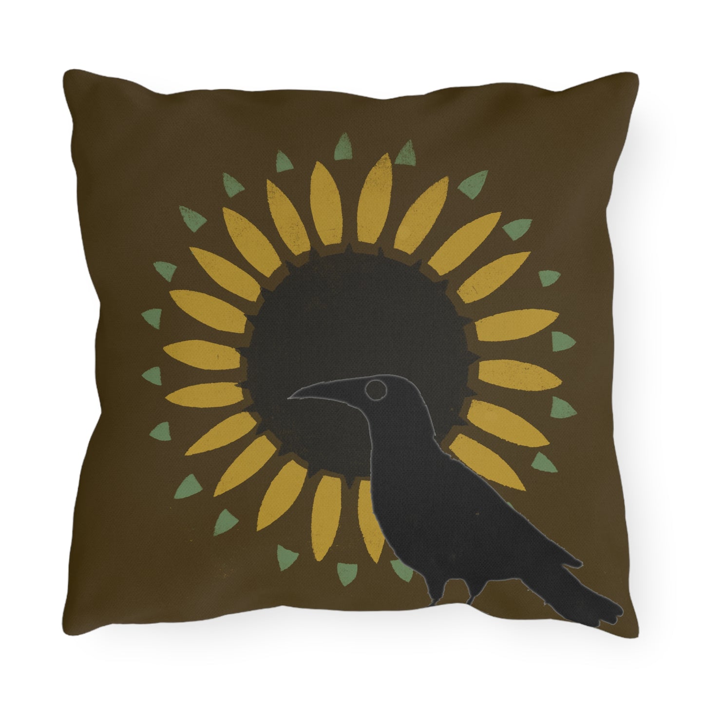 Crow. andSunflower on Brown Green Outdoor Pillows