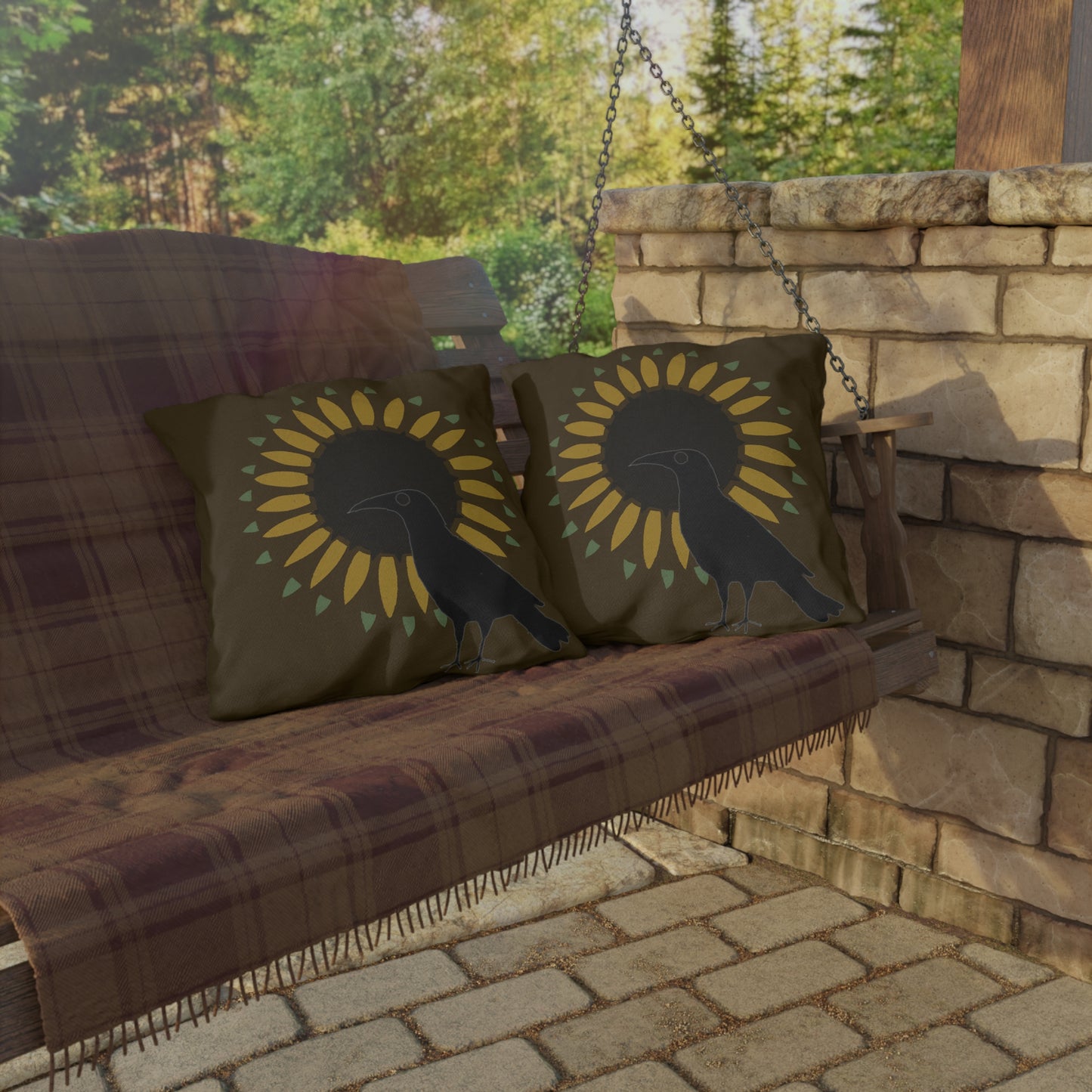 Crow. andSunflower on Brown Green Outdoor Pillows