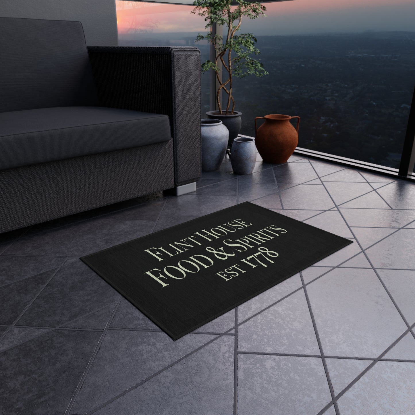 Elegant Outdoor Rug for Patios and Porches - 'Flint House Food & Spirits' Design
