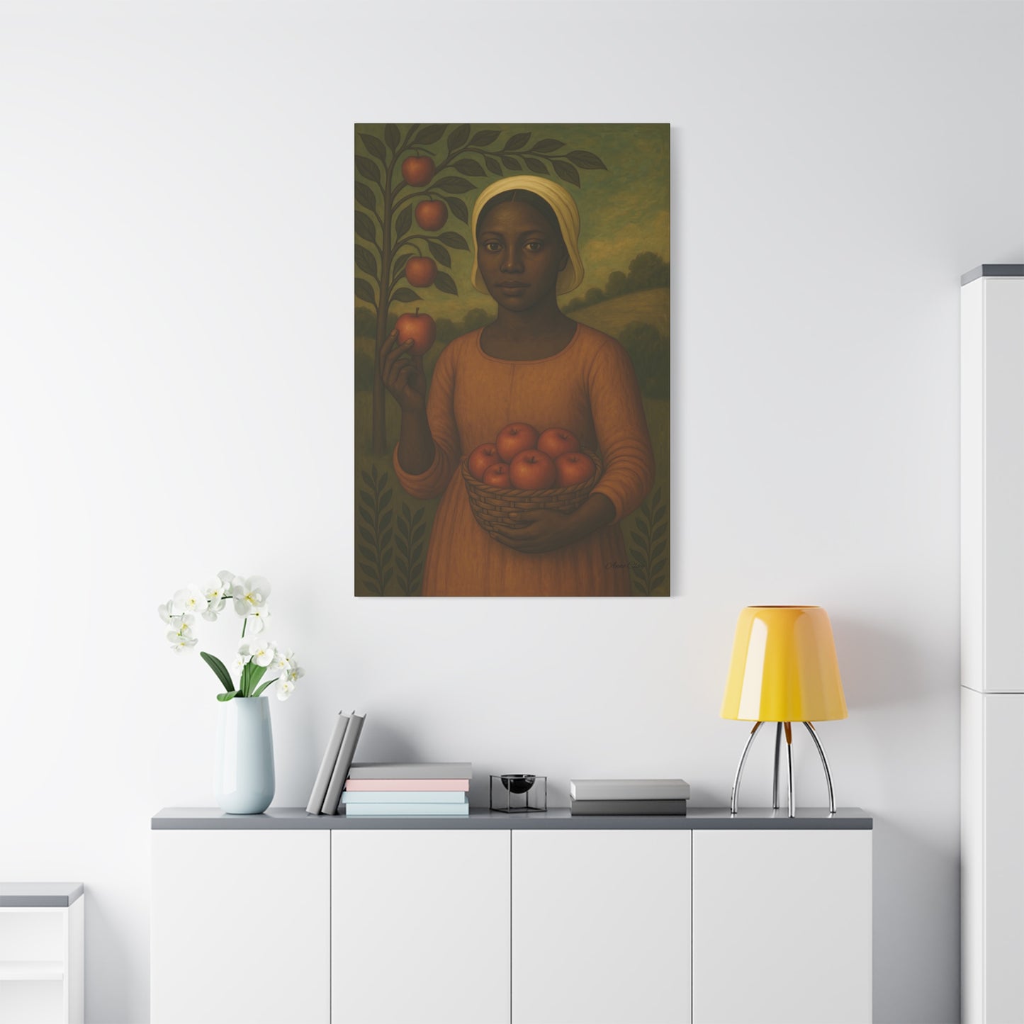 Autumn Harvest Primitive Folk Portrait of a Woman with Apples