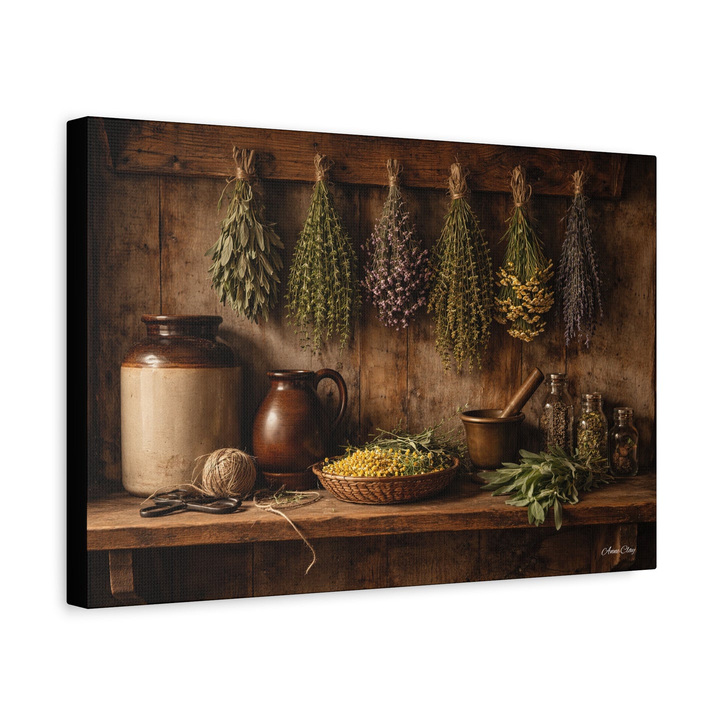 Domestic Rustic Herbal Kitchen Canvas Wall Art — Dried Herbs Still Life Matte Stretched Print