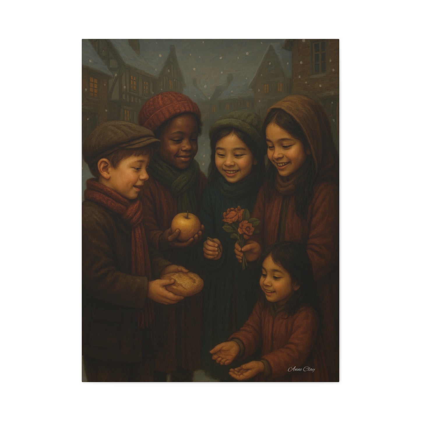Spirit of Christmas, Open Arms, Sharing Festive Canvas Art Print: Joyful Winter Children Scene
