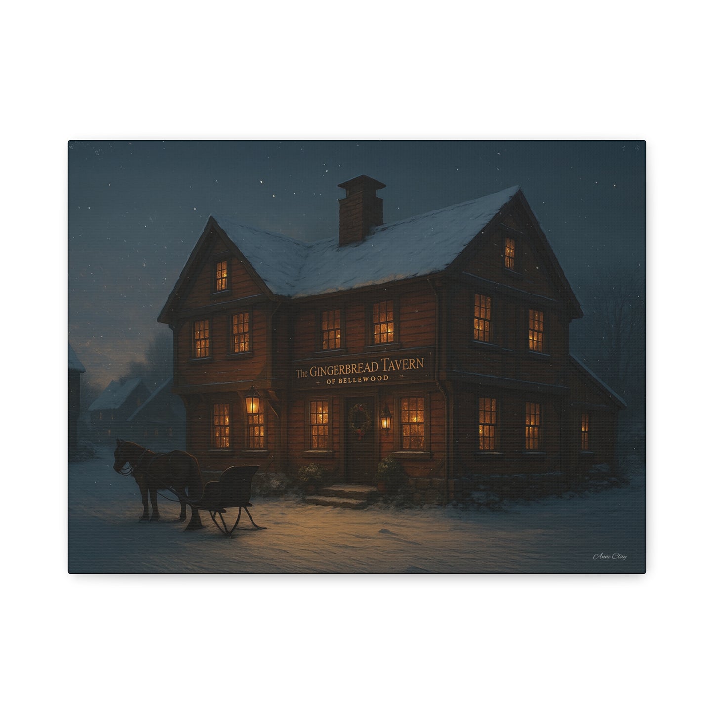 Gingerbread Tavern Winter Night Matte Stretched Canvas