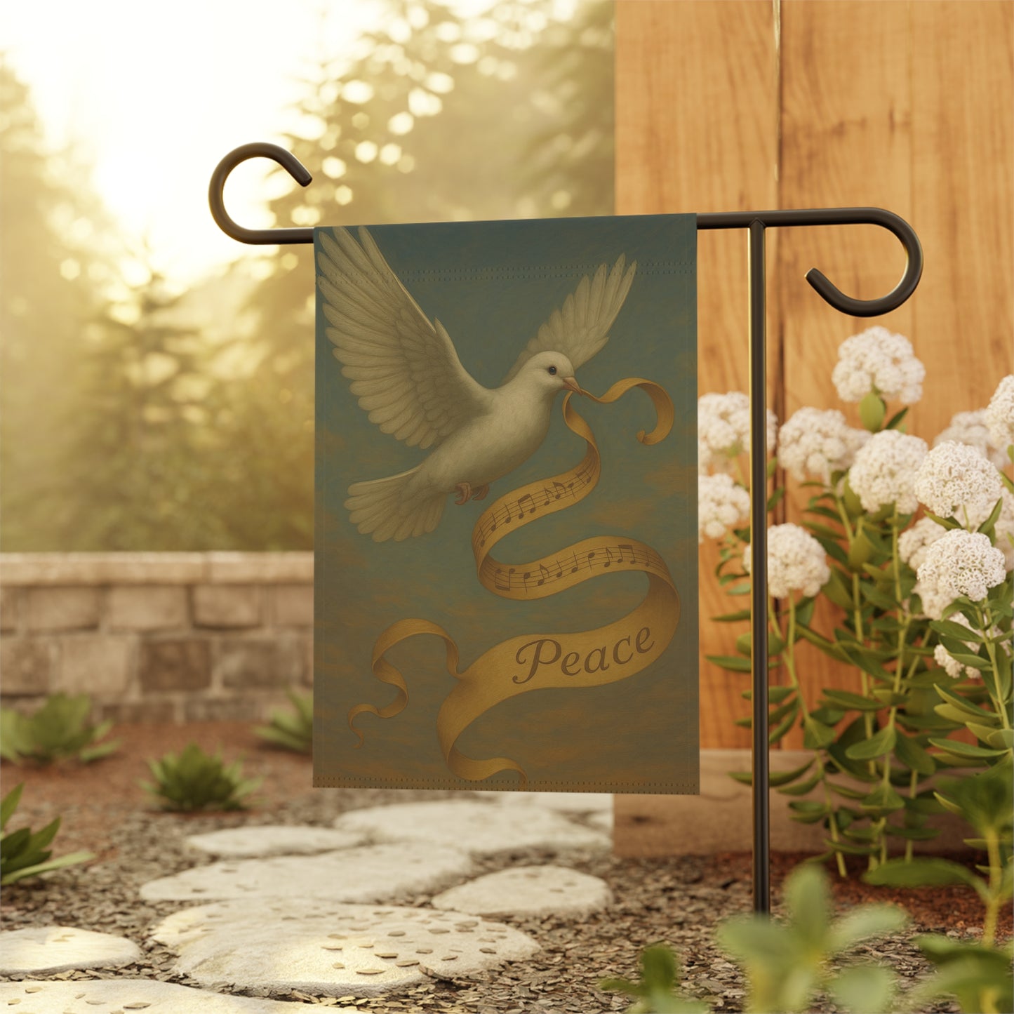 Peaceful Garden Banner with Dove and Musical Ribbon