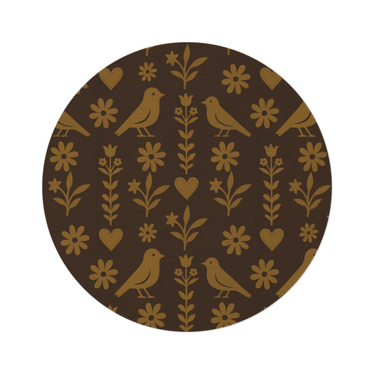 Rustic Round Rug - Boho Decor for Living Room, Bedroom, Floor Mat, Cozy Home, Bird & Floral Design
