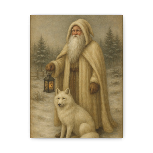 Winter Wonderland Old World Santa Art Canvas, Vintage Holiday Decor, Christmas Wall Art, Santa and White Fox Painting, Cozy Home Decor