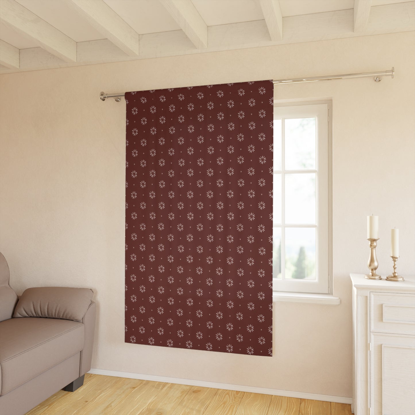 White Stencil on Maroon Background Window Curtains (1 Piece)