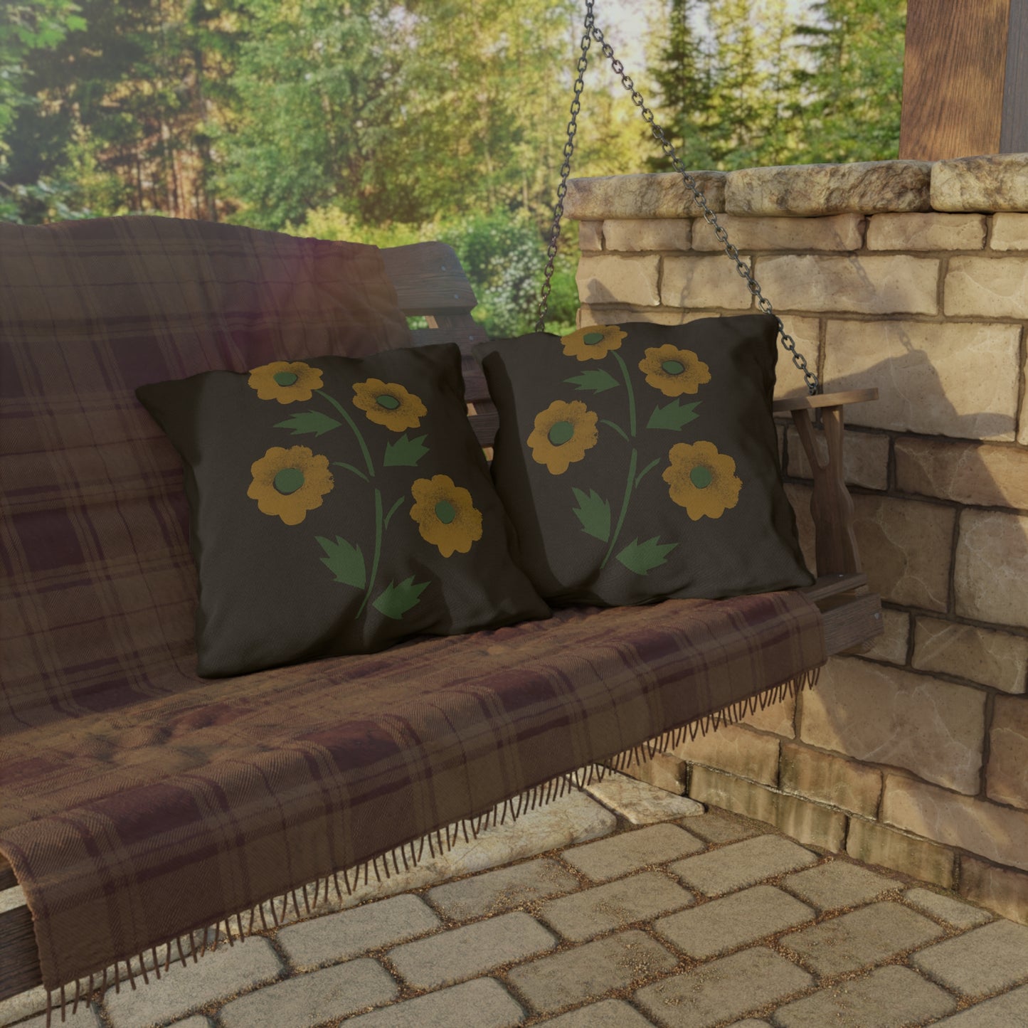 Stencil Flowers on Brown Outdoor Pillows