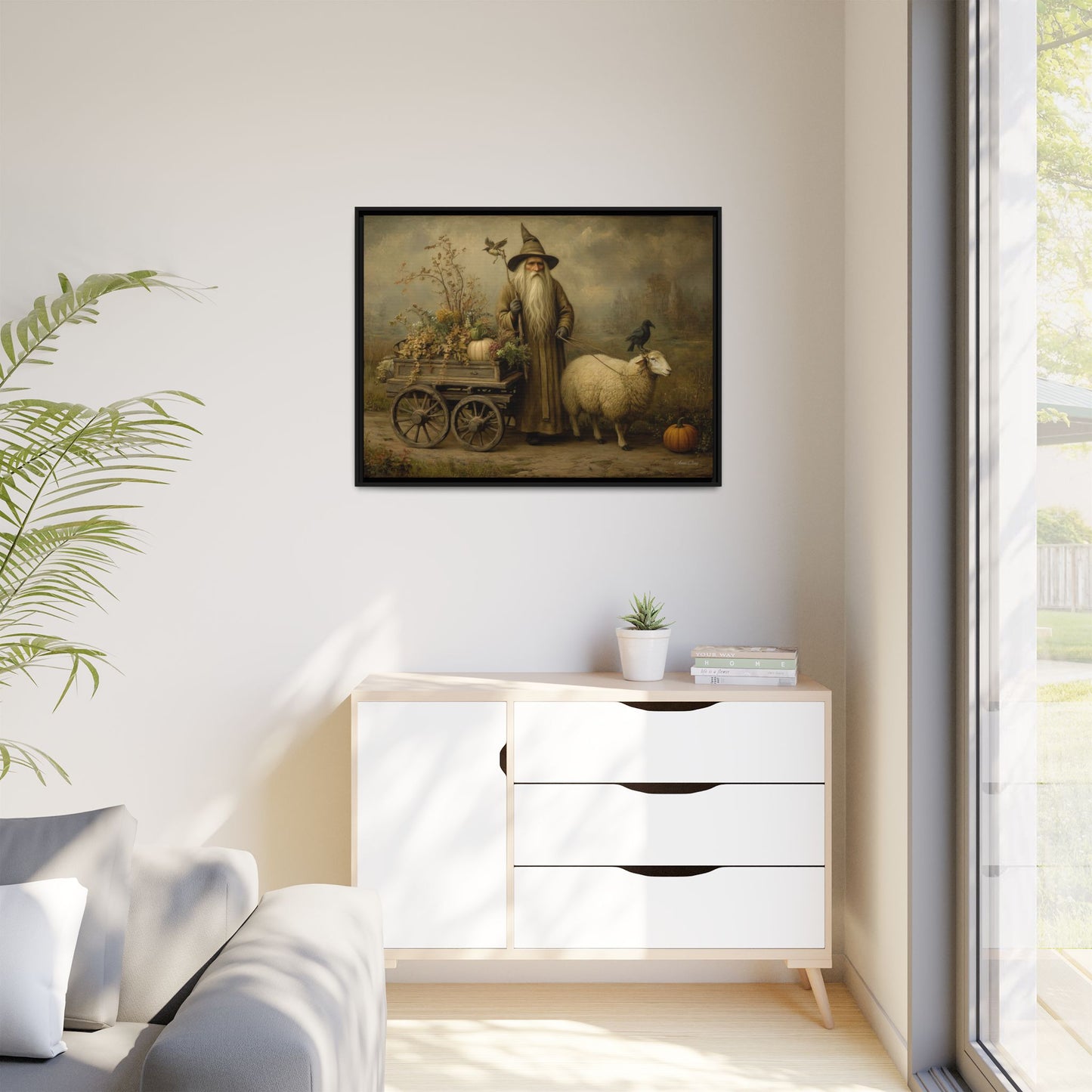 Autumn Harvest Canvas Art, Framed Wall Decor, Fall Home Decor, Witch Art for Halloween, Rustic Farmhouse Decoration, Seasonal Wall Hanging