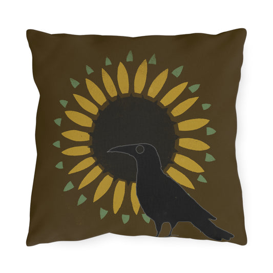 Crow. andSunflower on Brown Green Outdoor Pillows