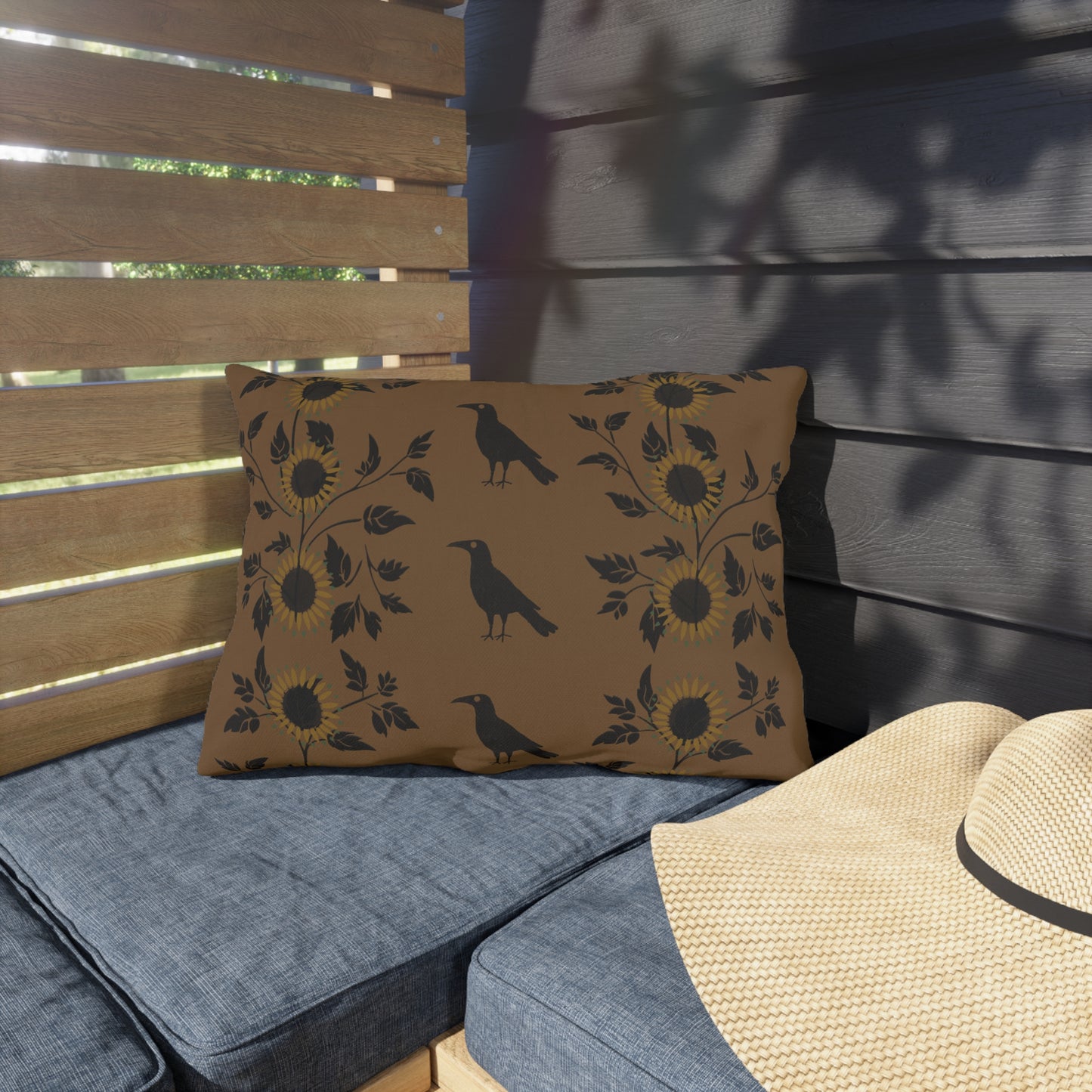Sunflower and Crows on Gold Outdoor Pillows