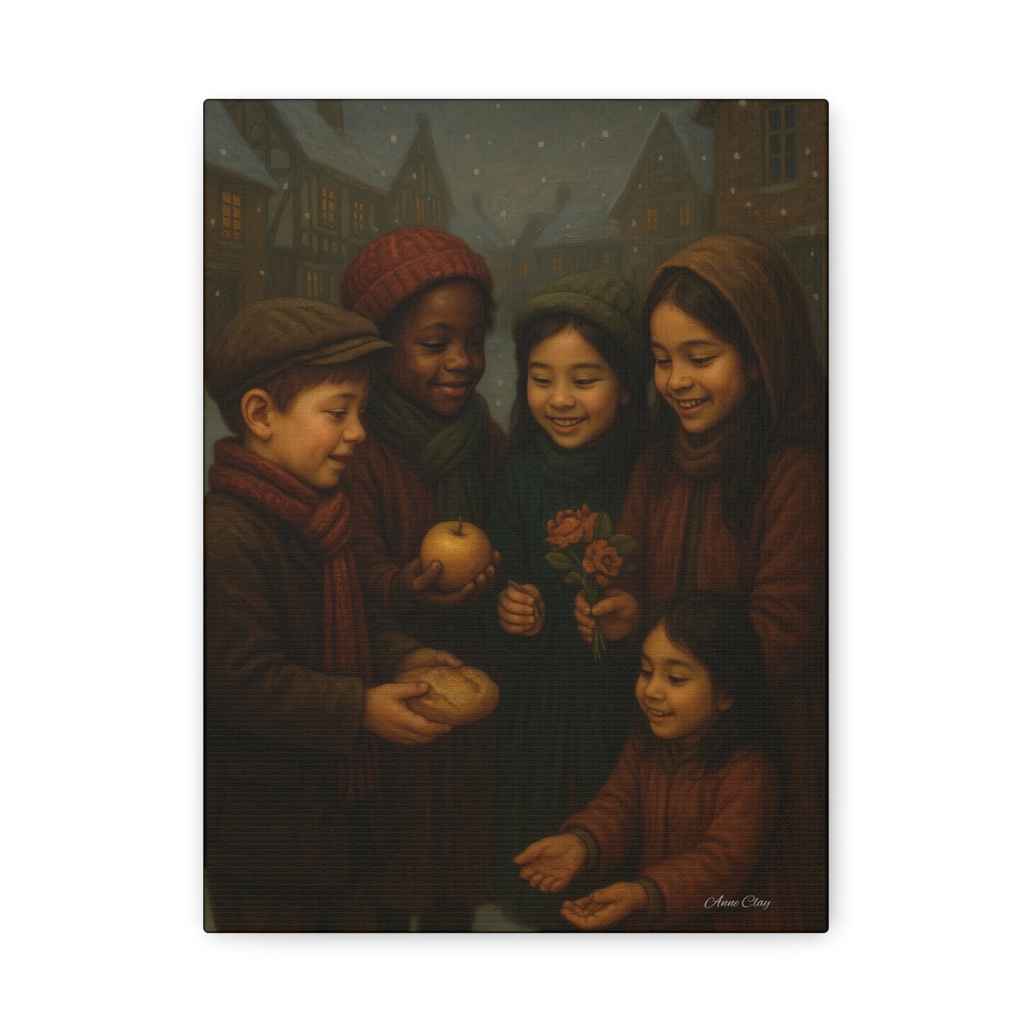 Spirit of Christmas, Open Arms, Sharing Festive Canvas Art Print: Joyful Winter Children Scene