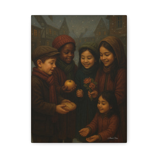 Spirit of Christmas, Open Arms, Sharing Festive Canvas Art Print: Joyful Winter Children Scene