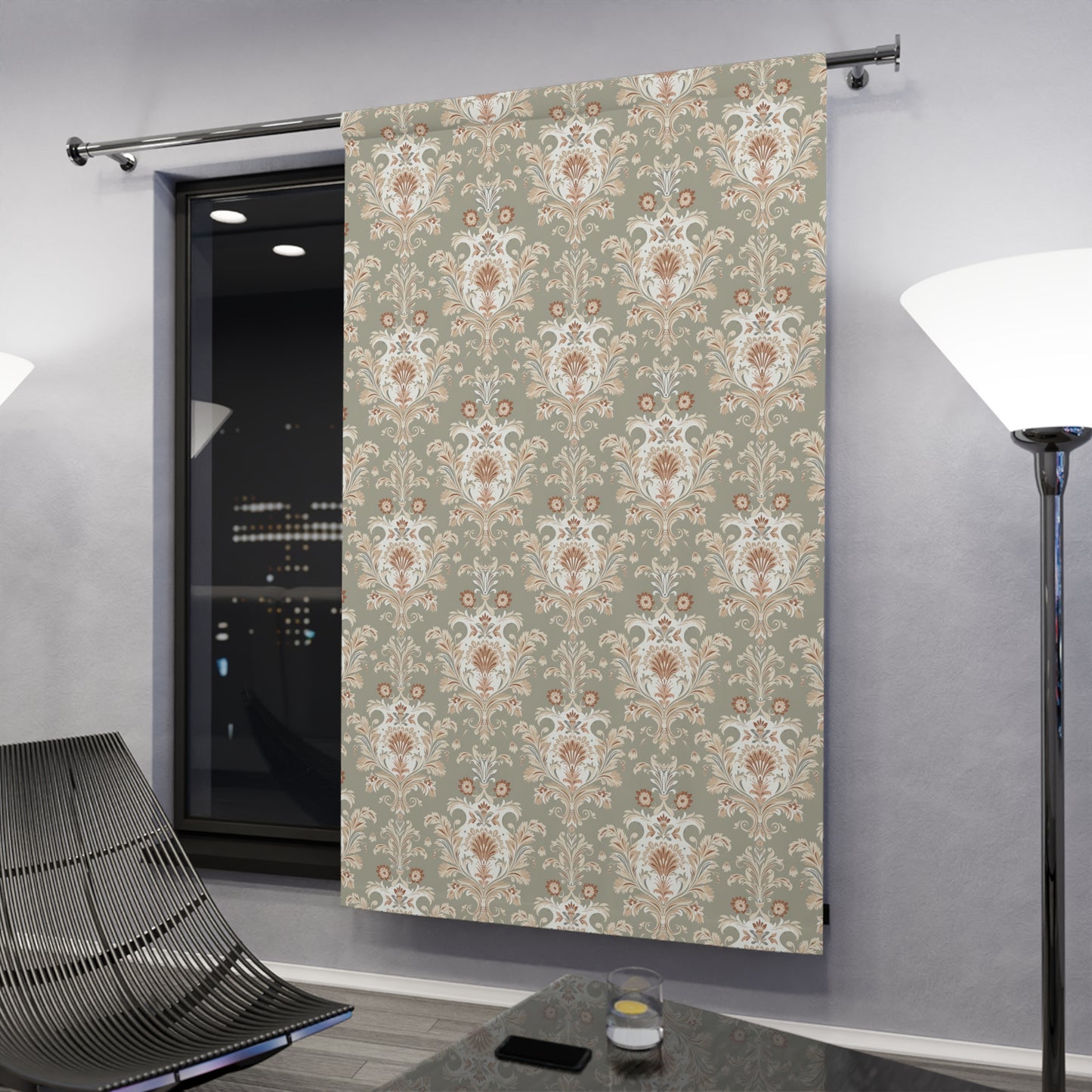 Fantasy Collection Green and Tan Damask Window Curtains (1 Piece)