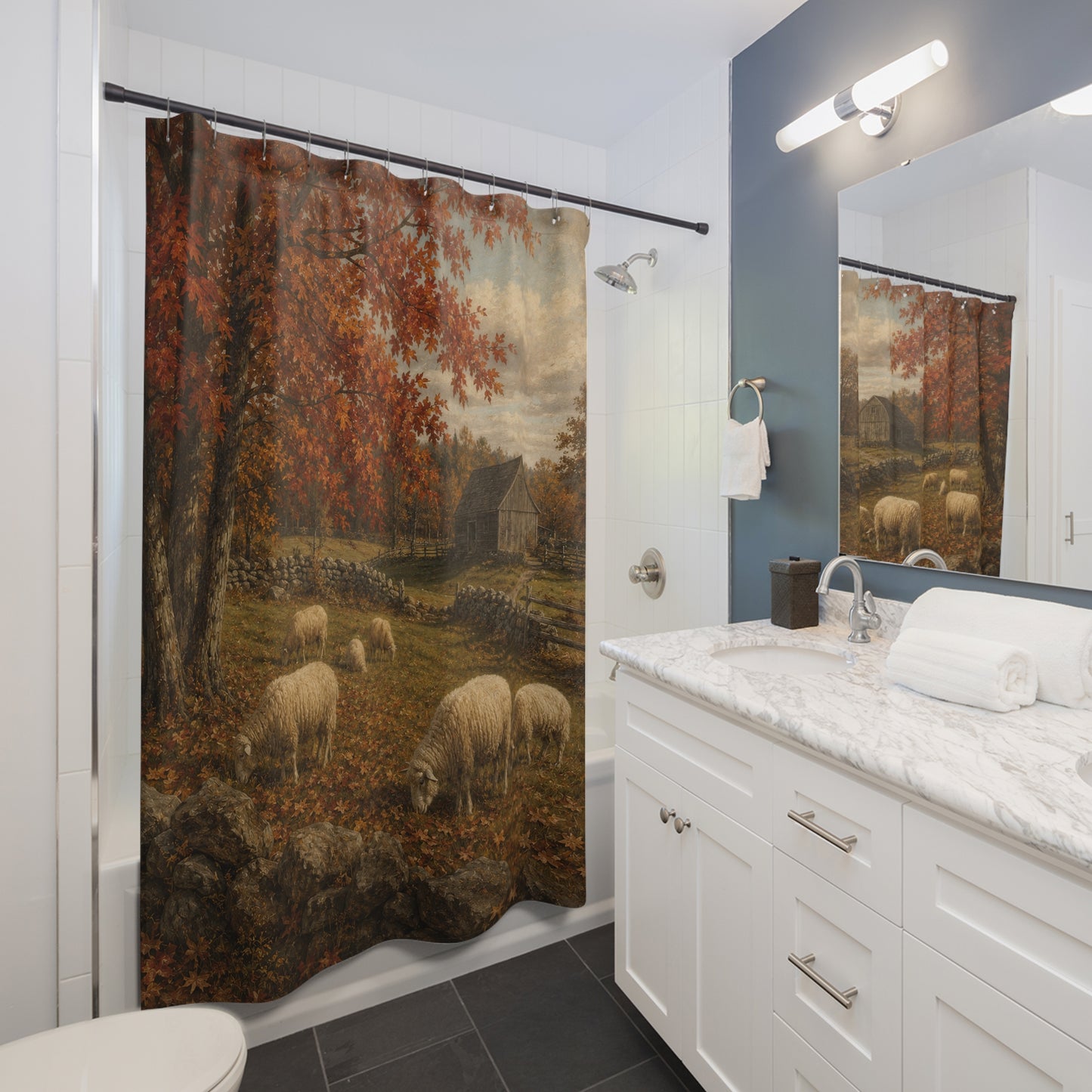Autumn Pastoral Shower Curtain — Rustic Farmhouse Sheep & Barn Bathroom Decor