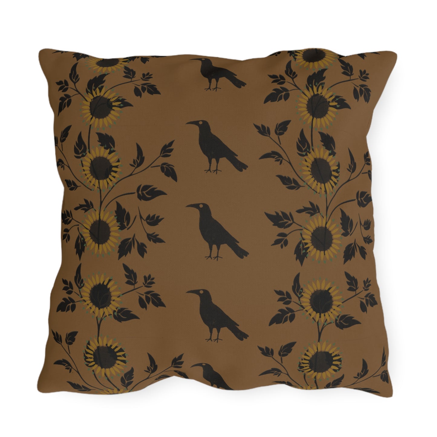 Sunflower and Crows on Gold Outdoor Pillows