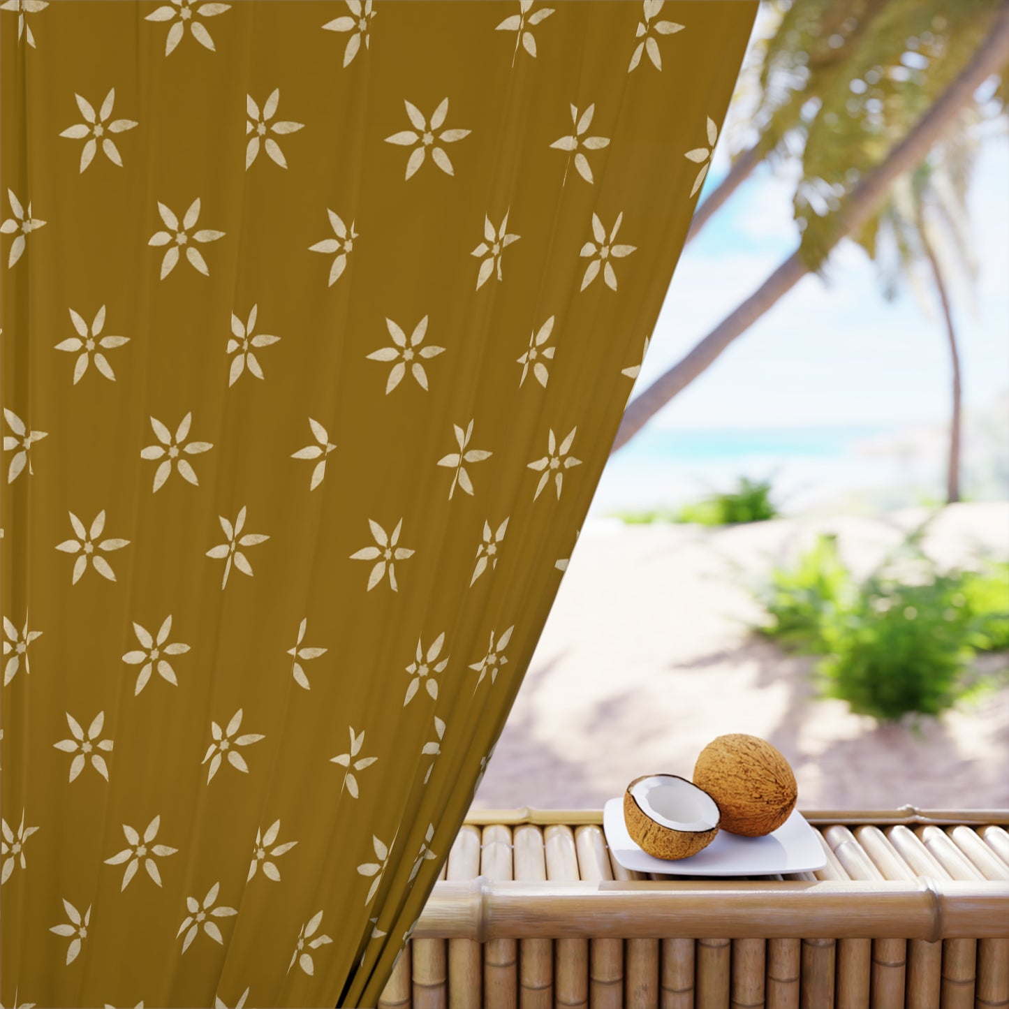 Cream Floral Stencil on Deeper Gold Window Curtains (1 Piece)