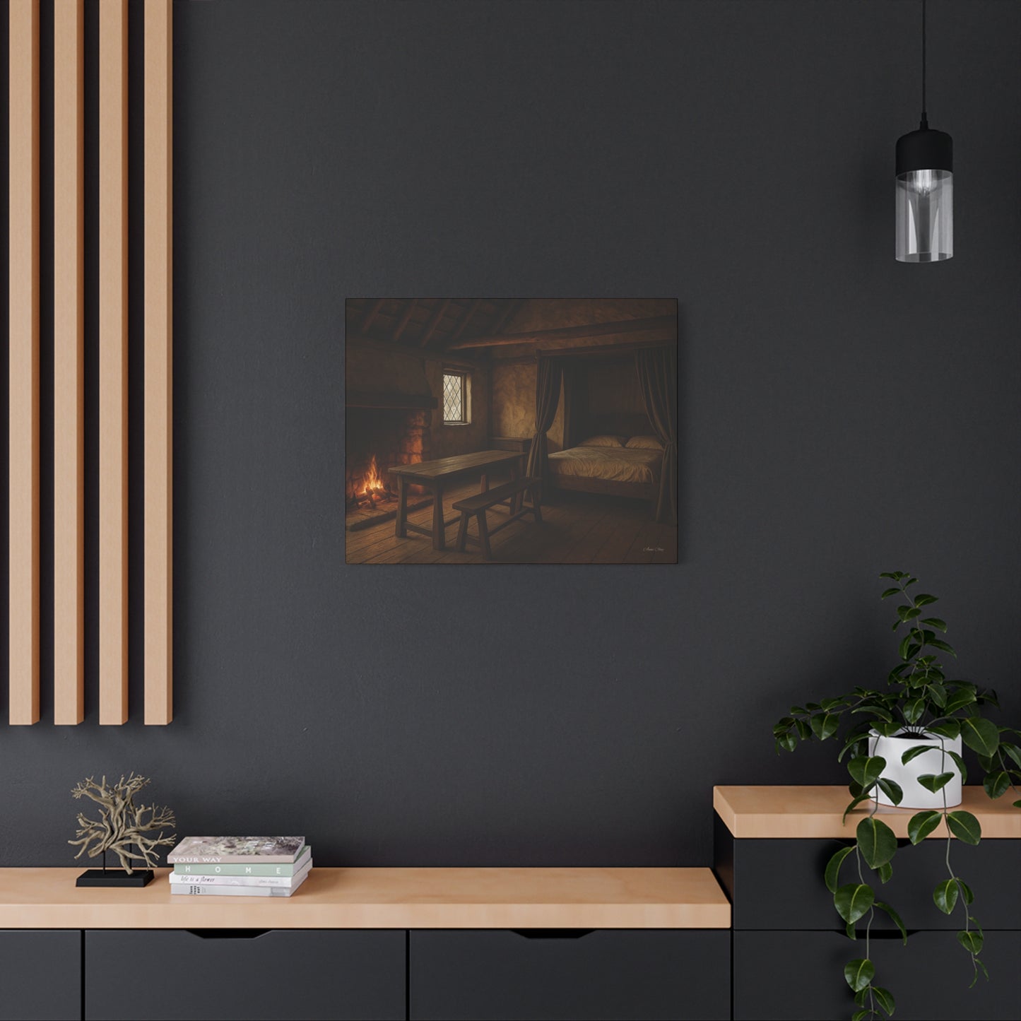 Cozy Cabin Matte Canvas Print, Rustic Home Decor, Nature Wall Art, Fireplace Artwork, Gift for Homeowners
