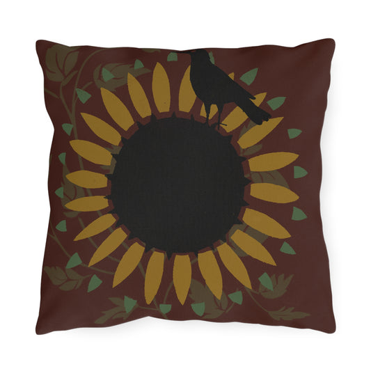 Crow on the Sunflower Red Background Outdoor Pillows