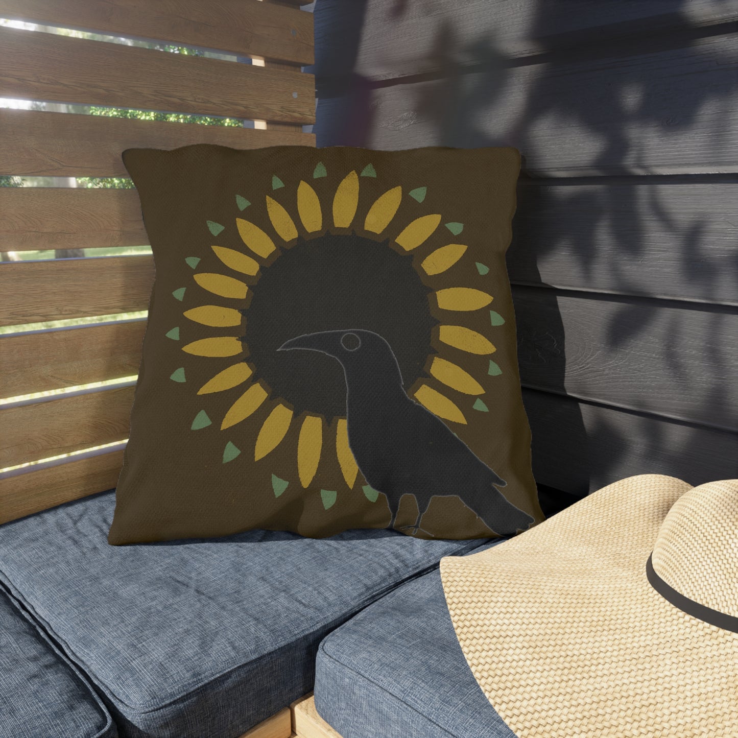 Crow. andSunflower on Brown Green Outdoor Pillows