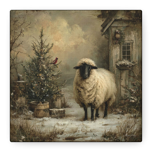 Cozy Farmhouse Canvas Print, Rustic Home Decor, Christmas Wall Art, Sheep Artwork, Winter Landscape Decor, Gift for Animal Lovers