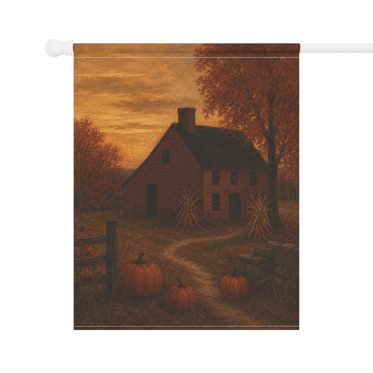 Autumn Farmhouse Garden Flag — Rustic Pumpkin House Fall Banner