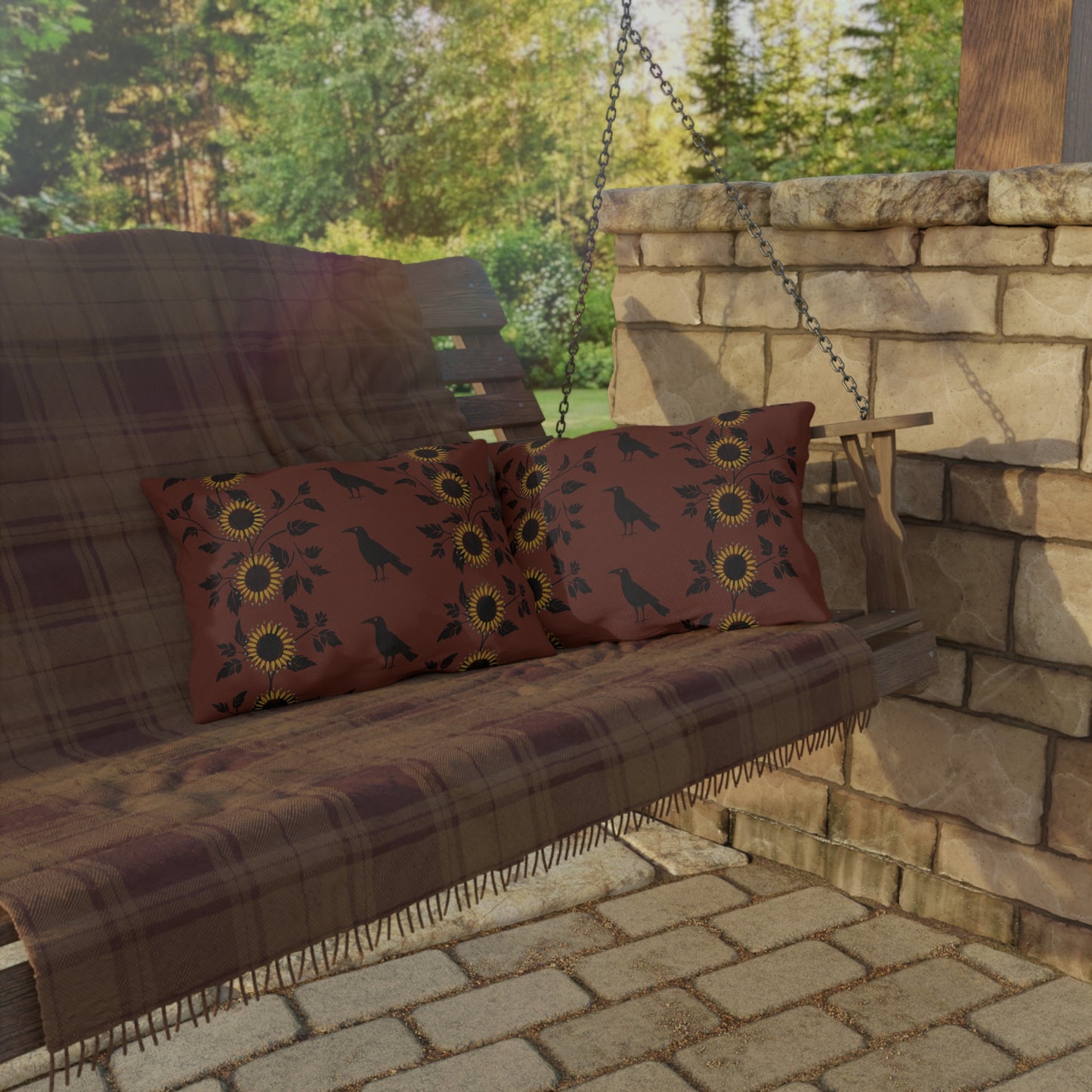 Sunflowers and Crows on Red Outdoor Pillows