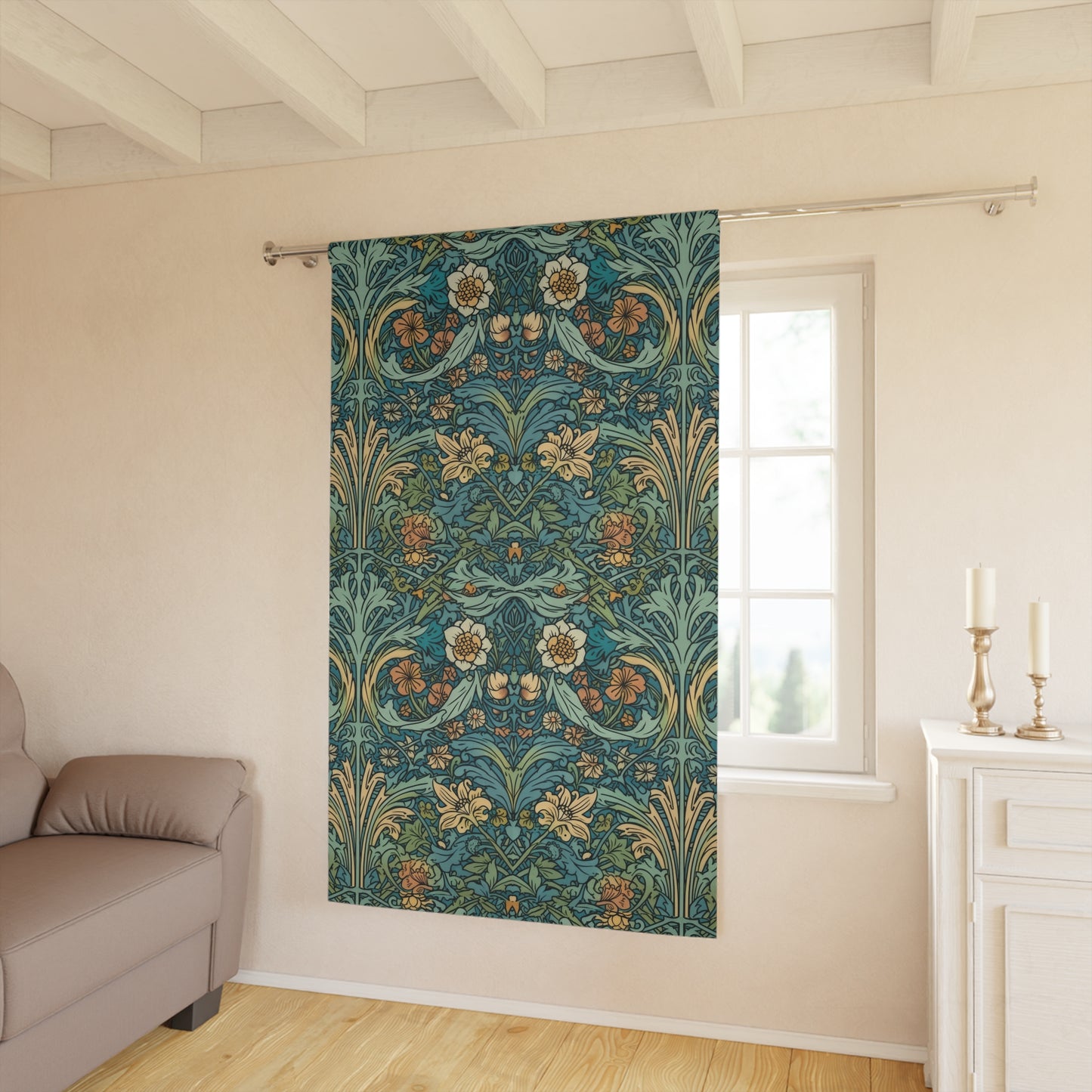 Aqua Victorian William Morris Style Window Curtains (1 Piece)