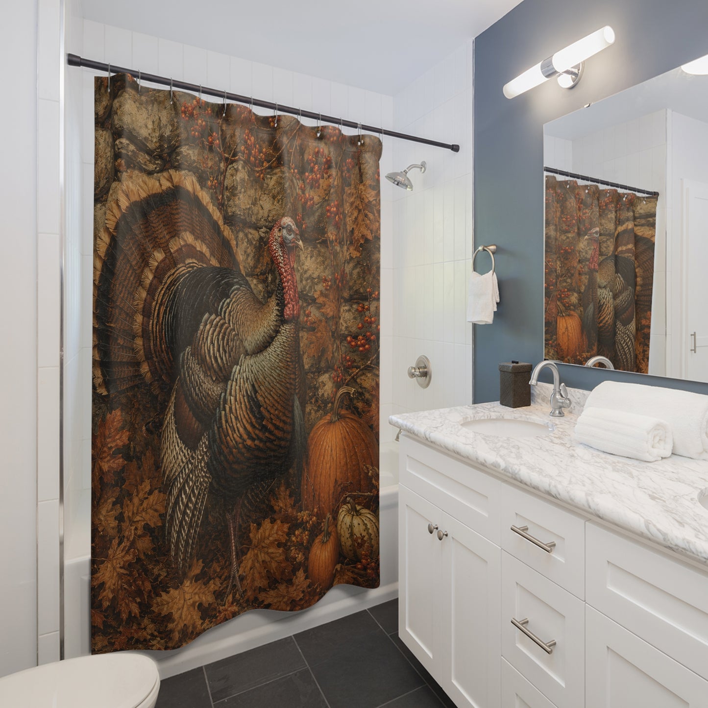 Thanksgiving Turkey Shower Curtain — Autumn Pumpkin & Rustic Fall Bathroom Decor