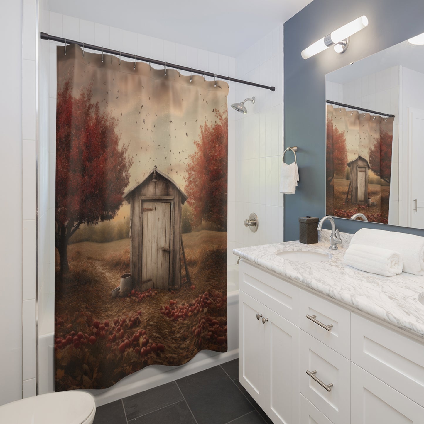 Autumn Outhouse Shower Curtain – Rustic Fall Bathroom Decor