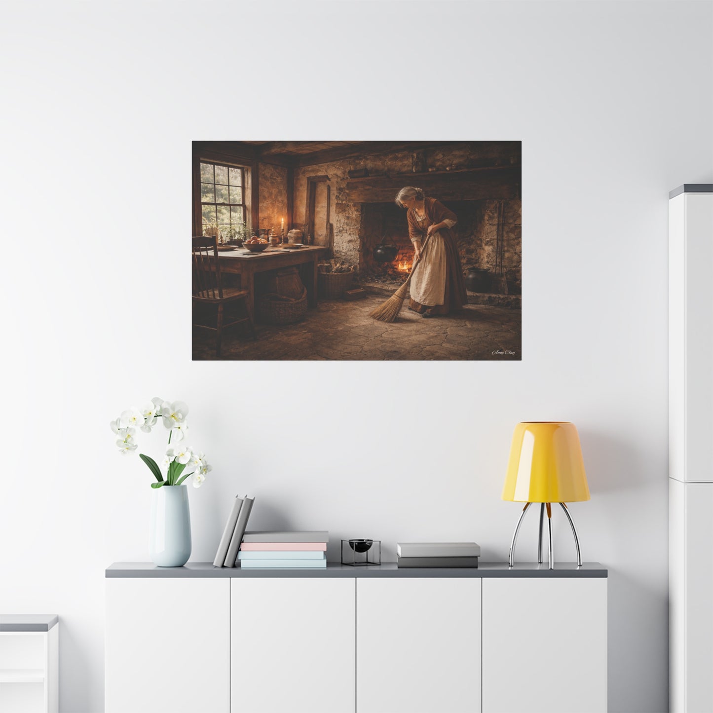 Domestic Woman Sweeping Hearth Matte Canvas, Stretched, 1.25"