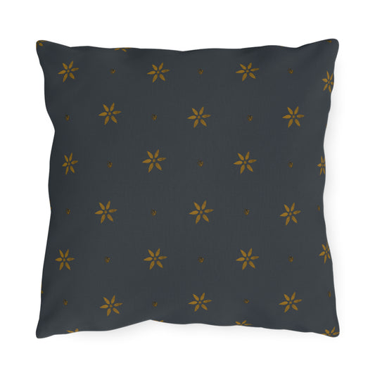 Early American Petal Stencil Mustard on Blue Outdoor Pillows