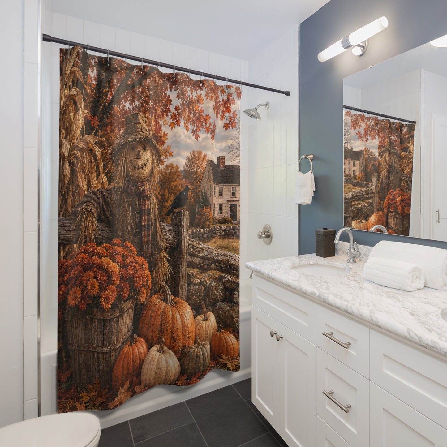 Autumn Scarecrow Shower Curtain — Rustic Fall Pumpkin Farm Bathroom Decor