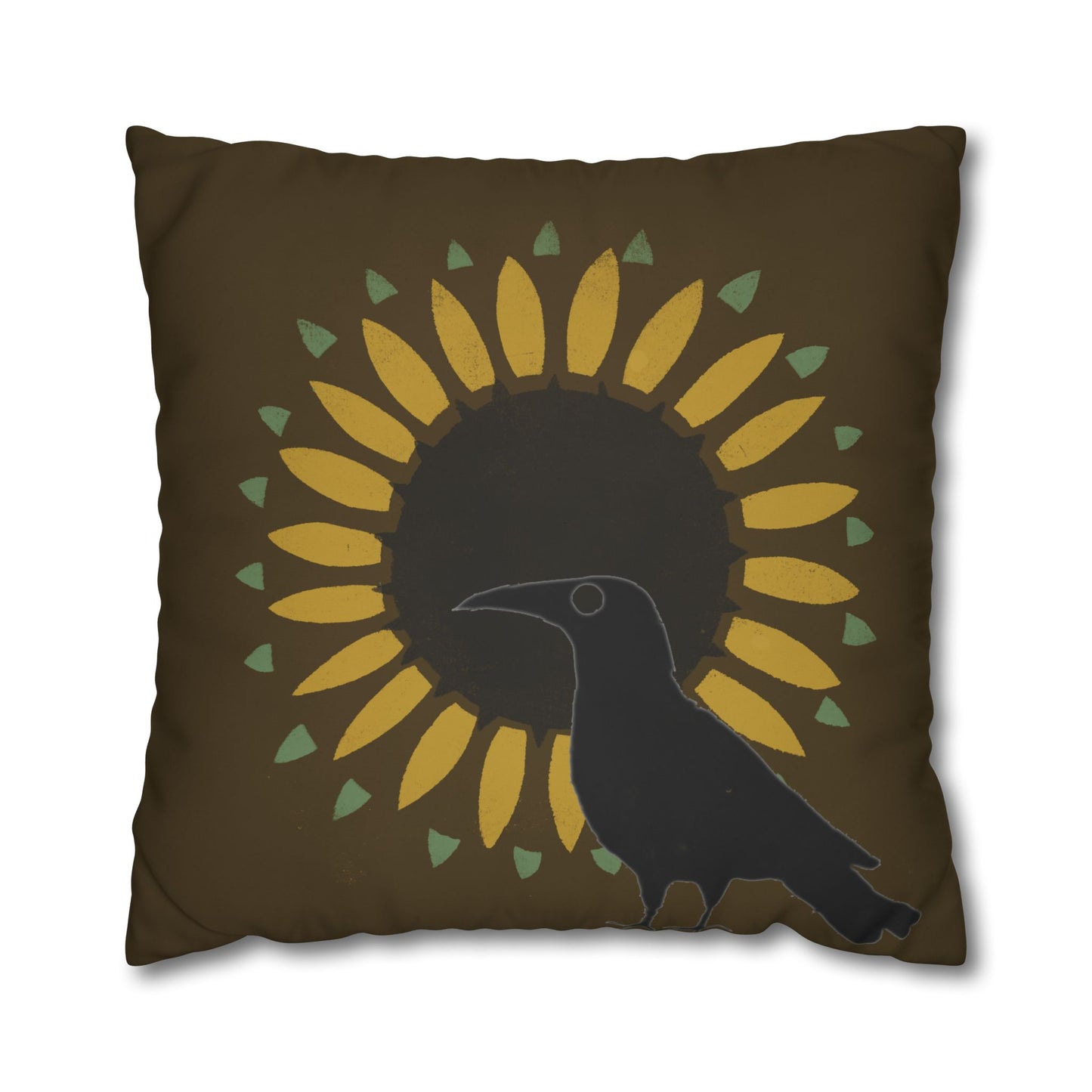 Sunflower and Crow on Brown/Green Square Poly Canvas Pillowcase