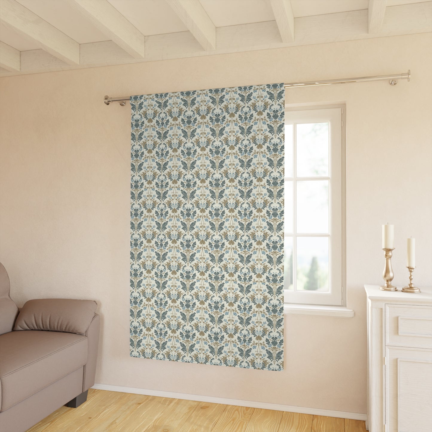 Blue and Tan Damask Window Curtains (1 Piece)
