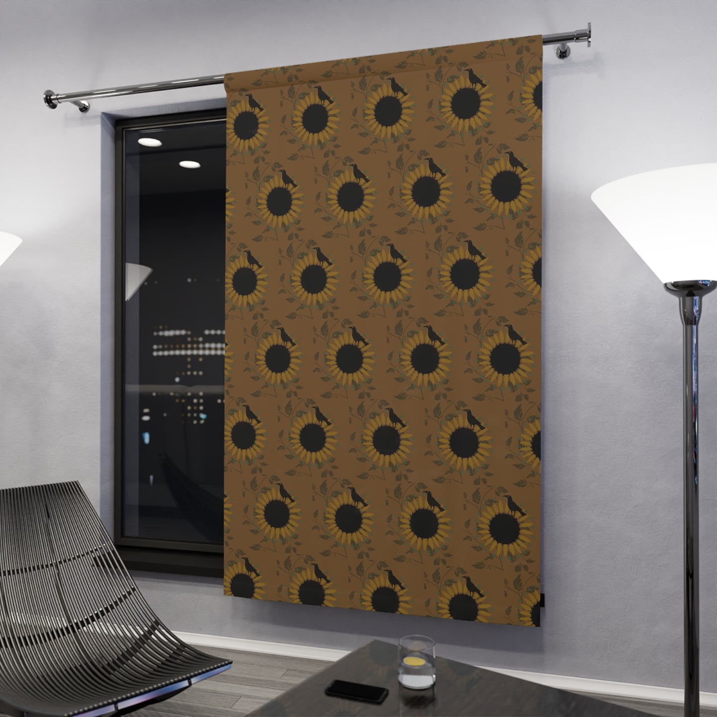 Sunflowers and Crows on Dark Gold Window Curtains (1 Piece)