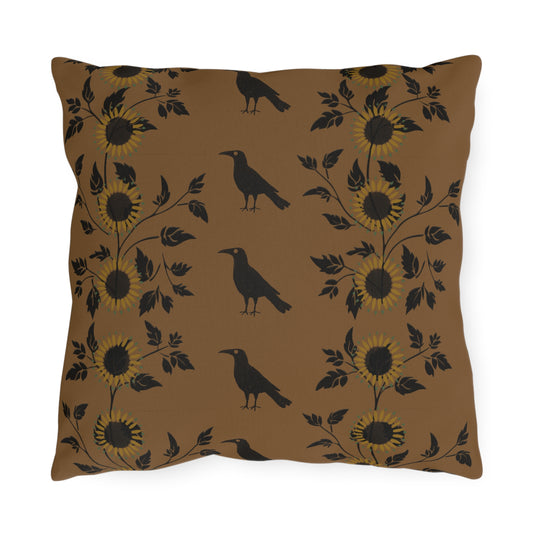 Sunflower and Crows on Gold Outdoor Pillows