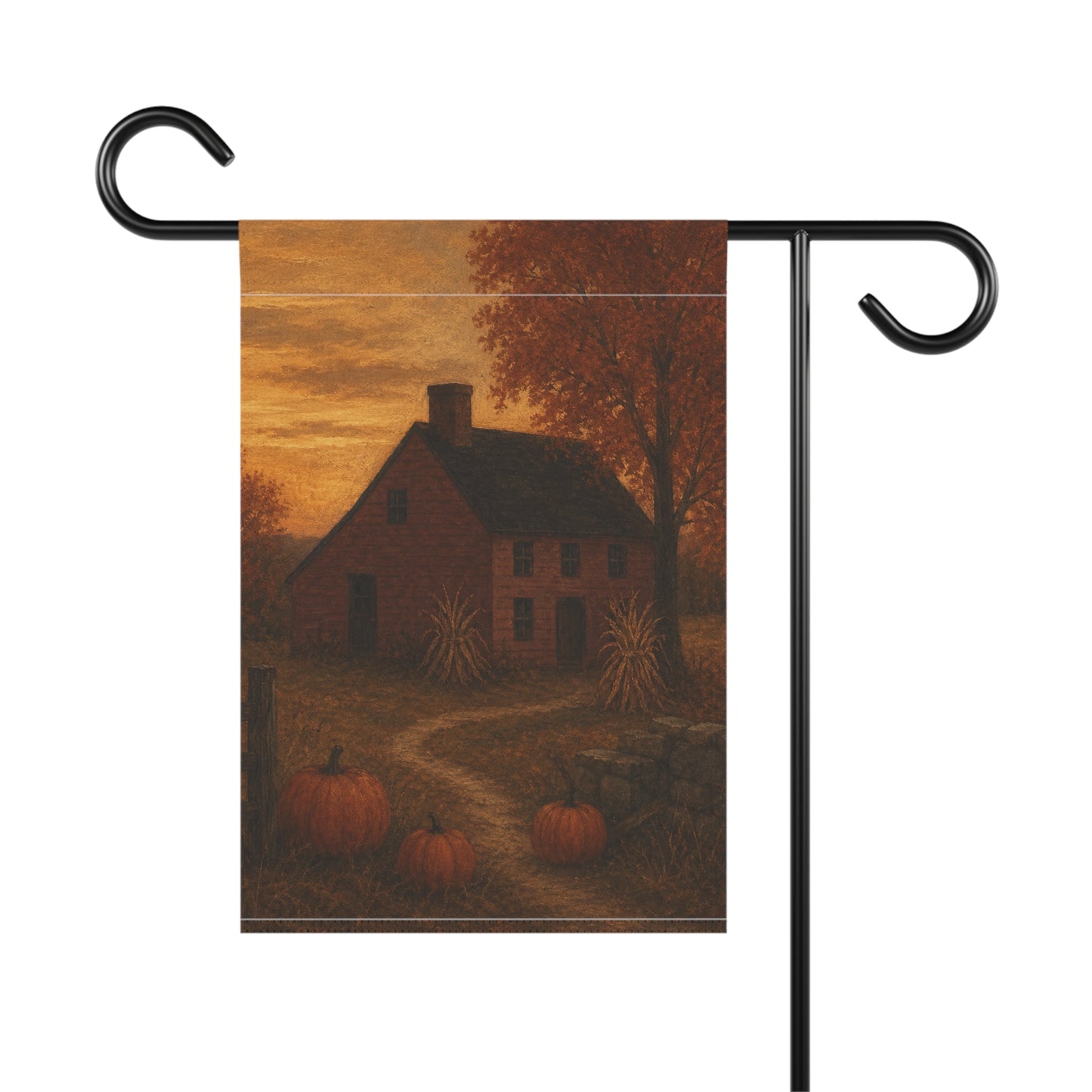 Autumn Farmhouse Garden Flag — Rustic Pumpkin House Fall Banner