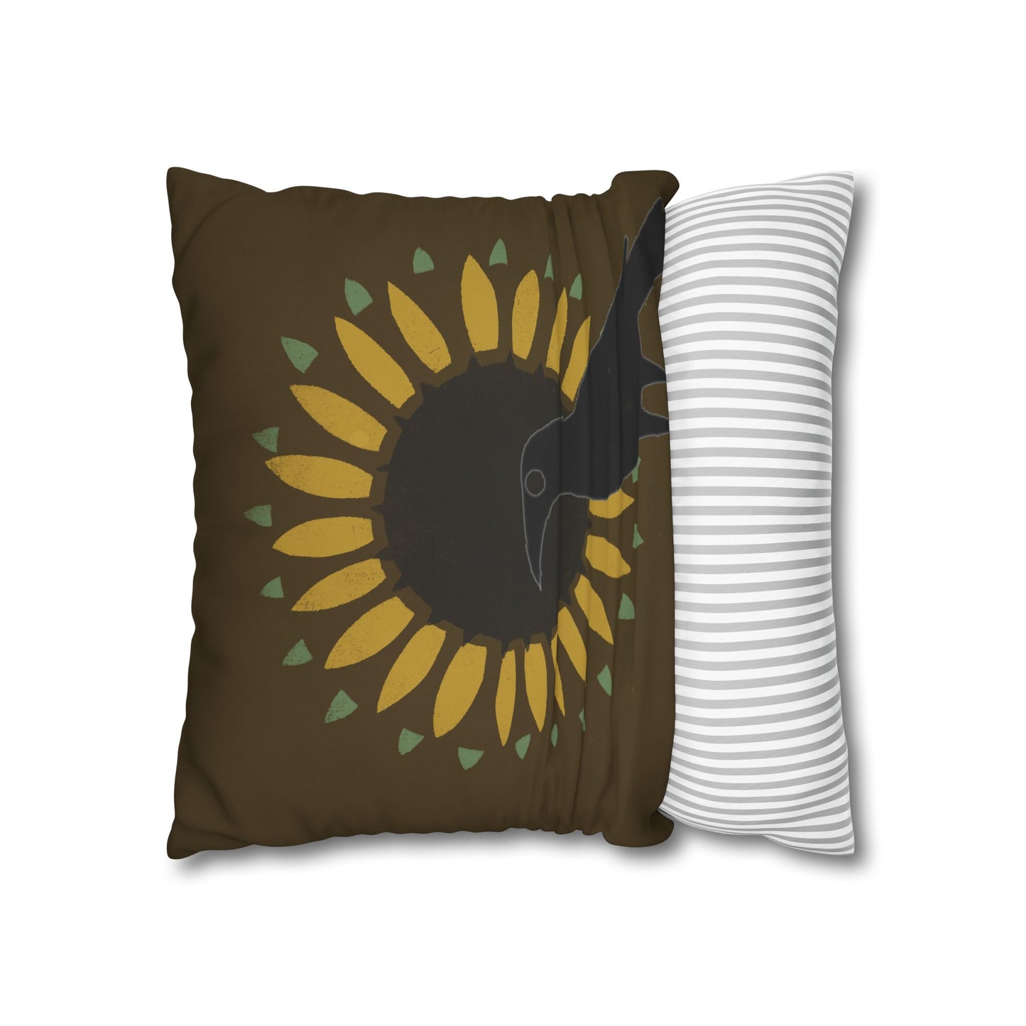 Sunflower and Crow on Brown/Green Square Poly Canvas Pillowcase